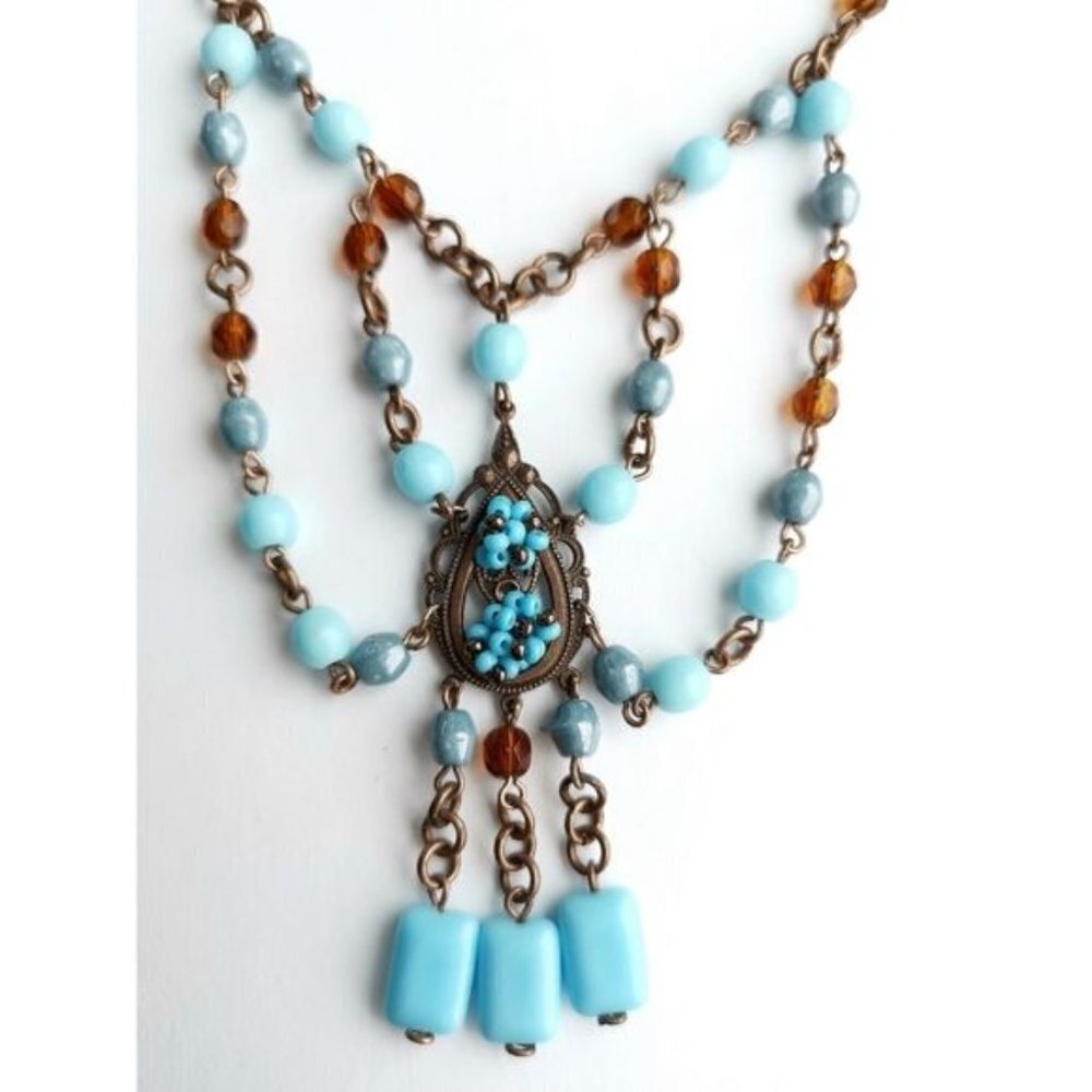 VINTAGE Czech handmade beaded  turquoise amber necklace earring set - Picture 2 of 8